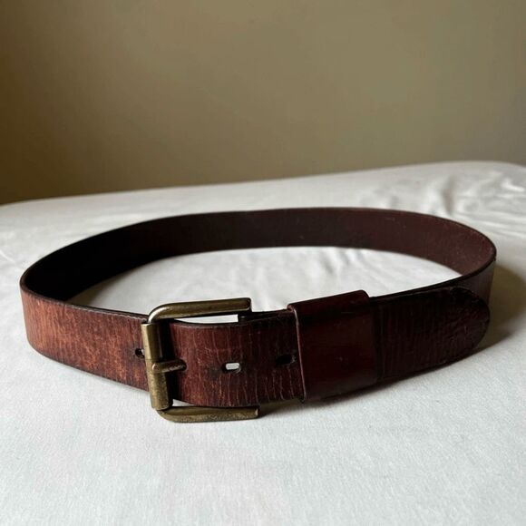 Vintage 90sโ Brown Leather Belt with Heavy Brass Roller Buckle Worn In Casual 34 - Picture 2 of 9